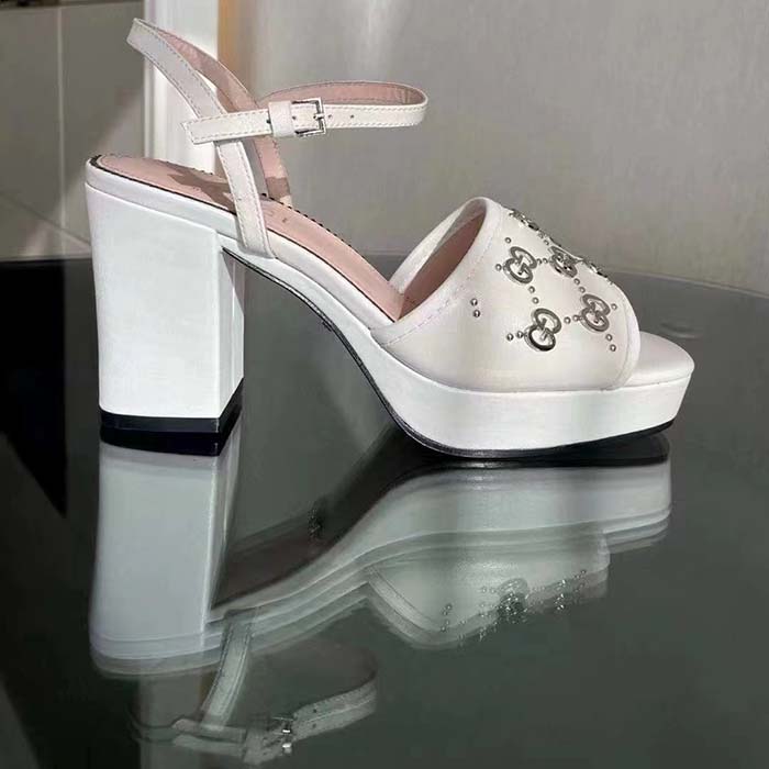 Gucci Women GG Interlocking G Studs Sandal White Leather Mid 8 Cm Heel
