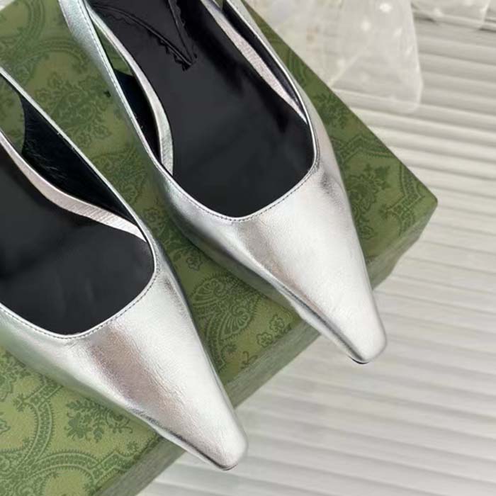 Gucci Women GG Slingback Pump Metallic Silver Leather Interlocking G Square Upper Mid-Heel