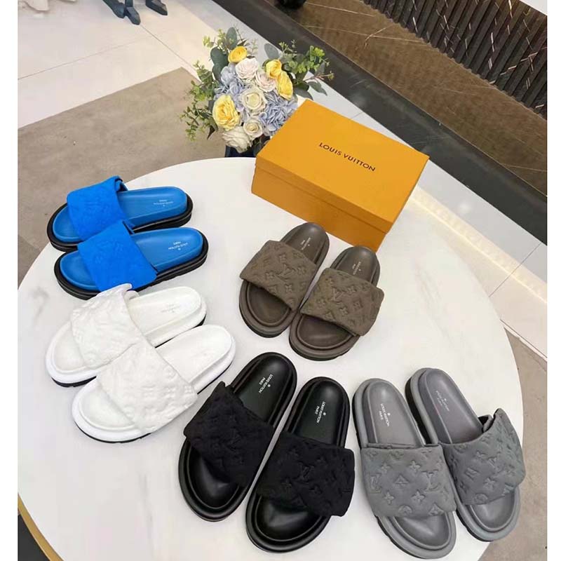 Louis Vuitton LV Unisex Pool Pillow Flat Comfort Mule White Monogram Embossed Lambskin