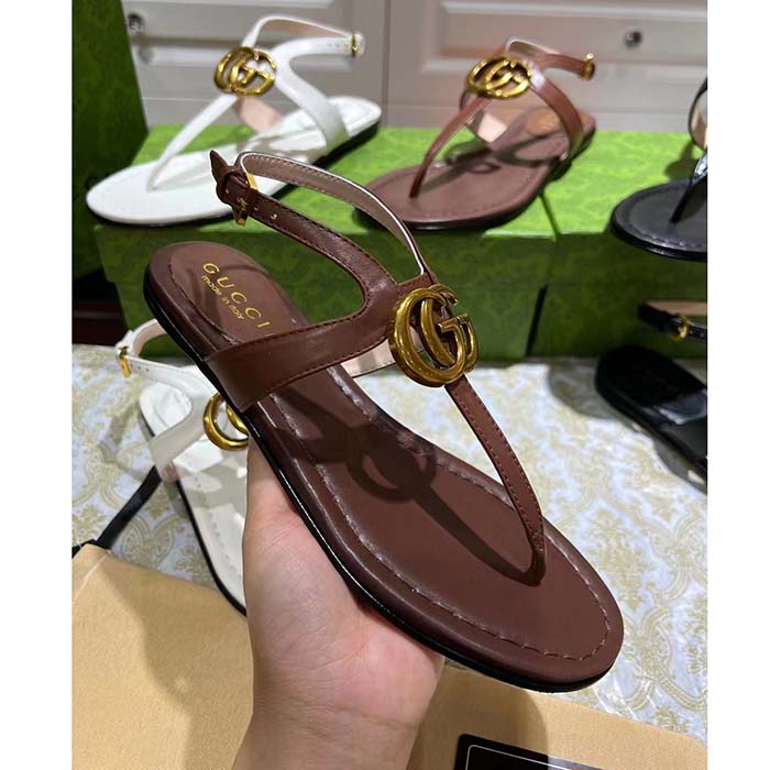 Gucci Women GG Double G Thong Sandal Brown Leather Flat 0.5 CM Heel