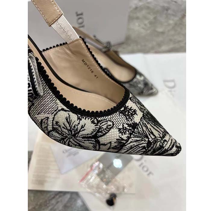 Dior CD Women J’Adior Slingback Pump White Black Embroidered Cotton Toile De Jouy Voyage