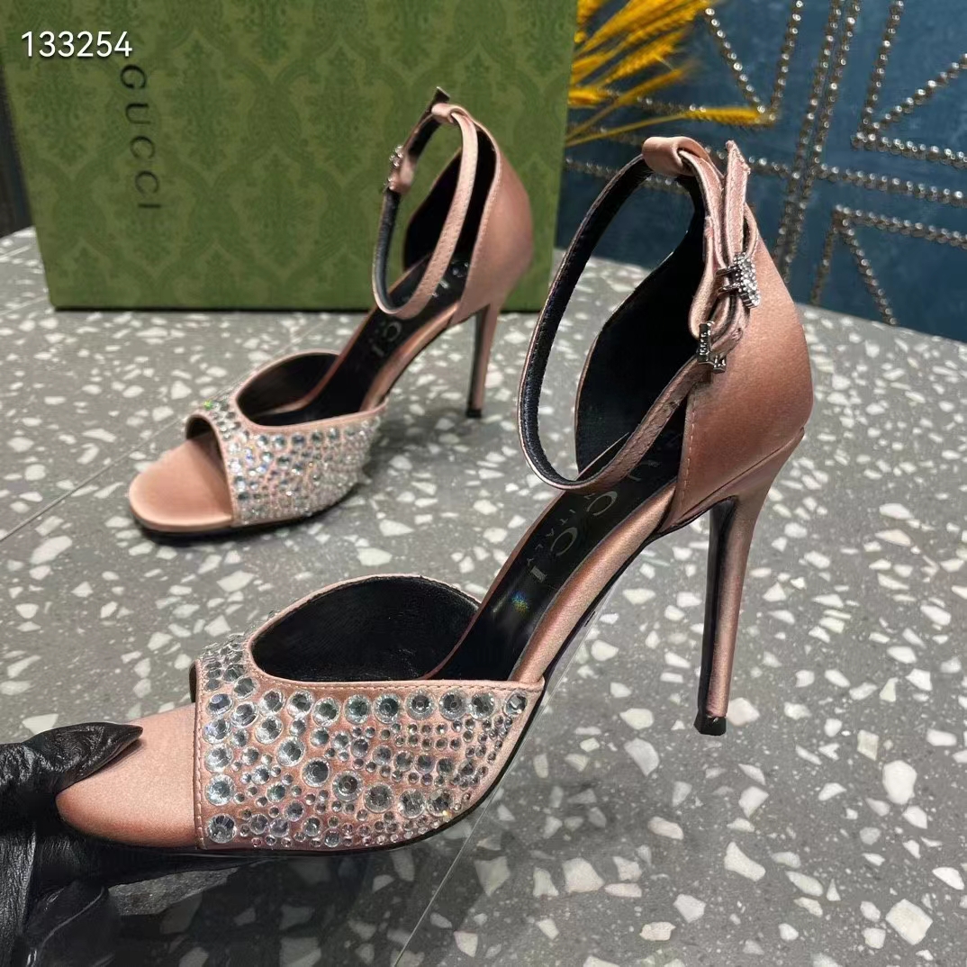 Gucci Women GG Mid-Heel Sandals Crystals Silver Satin 8 CM Heel Double G