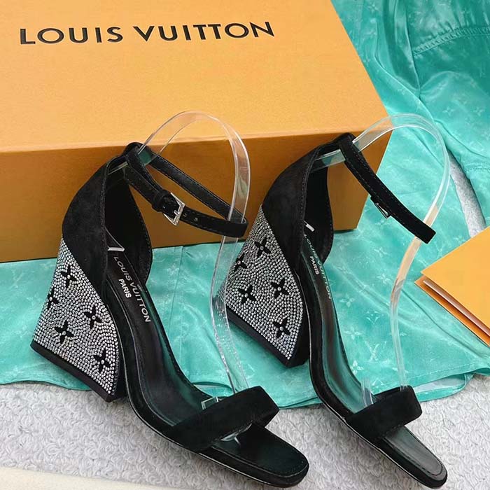 Louis Vuitton LV Women Appeal Wedge Sandal Black Suede Baby Goat Leather Strass
