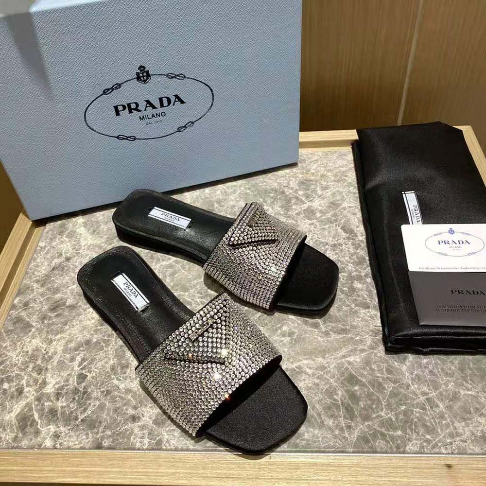Prada Women Satin Slides with Crystals-Black