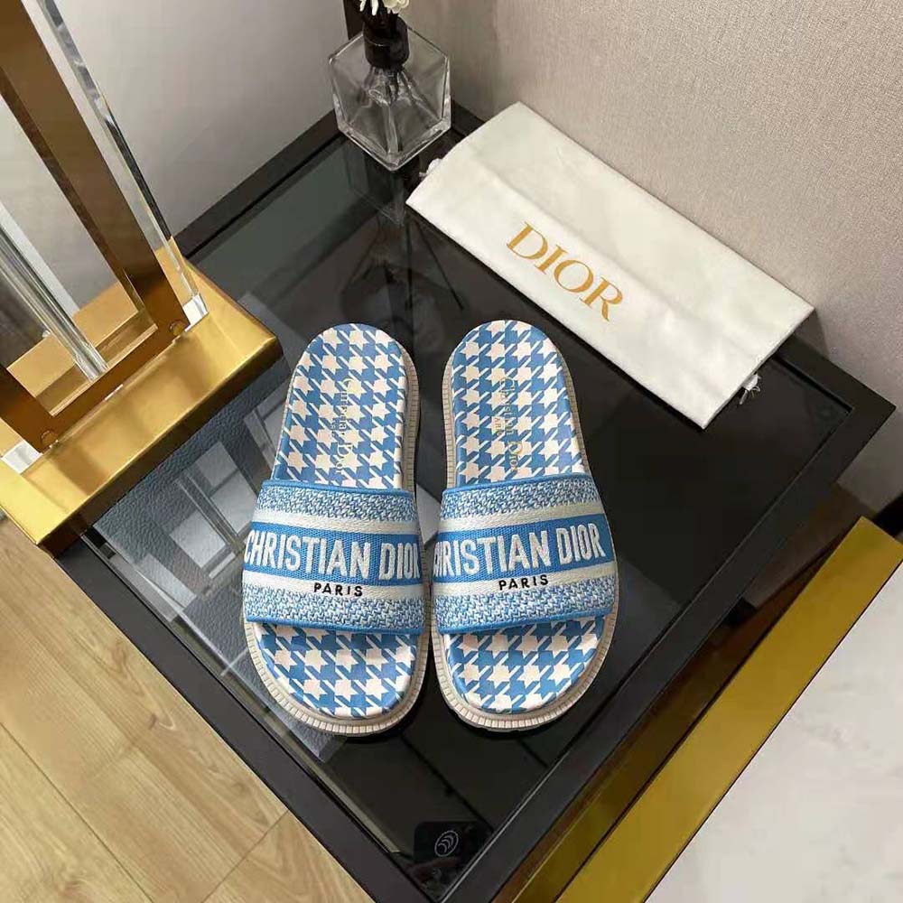 Dior Women Dway Slide Cornflower Blue Embroidered Cotton with Micro Houndstooth Motif