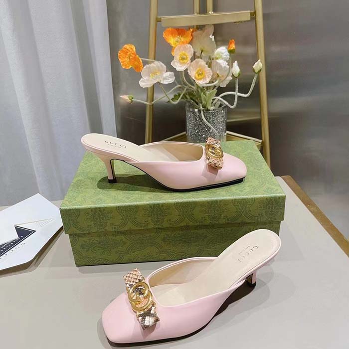 Gucci Women GG Interlocking G Mule Pink Leather Square Toe Leather Mid-Heel