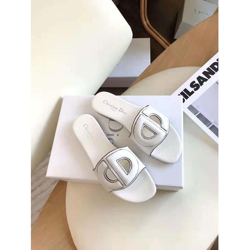 Dior Women D-Club Slide White Calfskin Leather ‘CD’ Signature