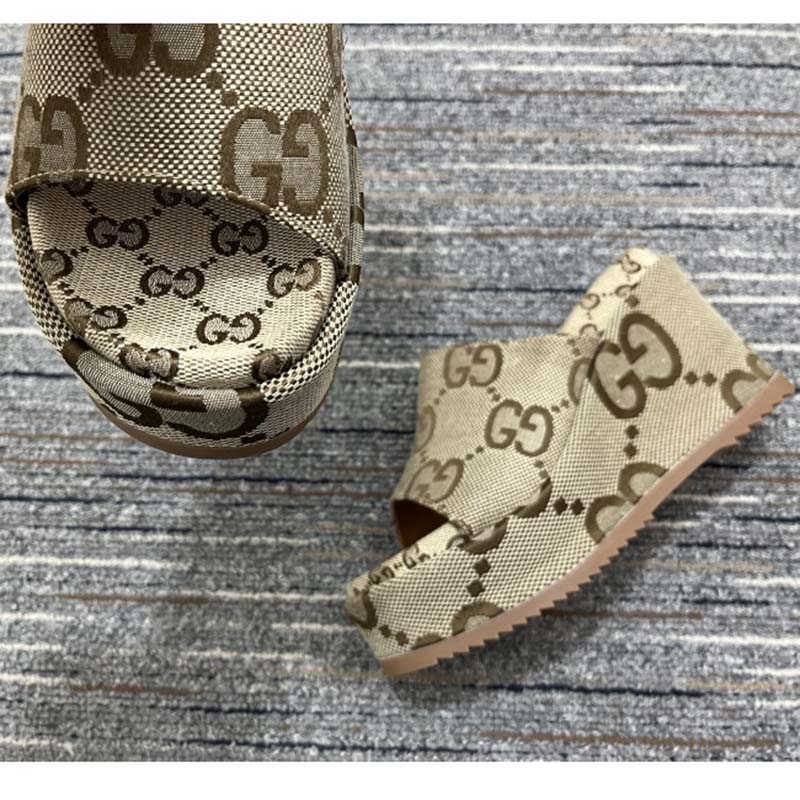 Gucci Women Platform Slide Sandal Camel Ebony Maxi GG Canvas High Heel 10 Cm