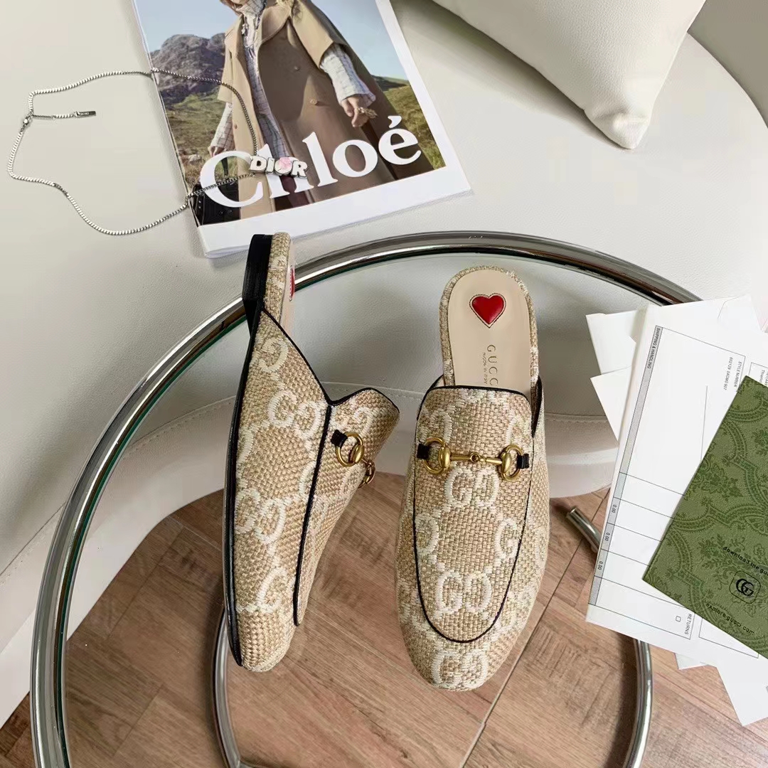 Gucci Women Maxi GG Princetown Slipper Beige White GG Raffia Effect Fabric Flat