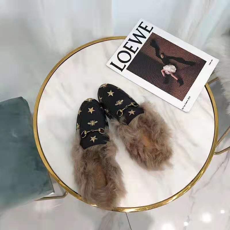 Gucci Unisex Princetown Embroidered Leather Slipper with Bees and Stars in Lamb Wool-Black