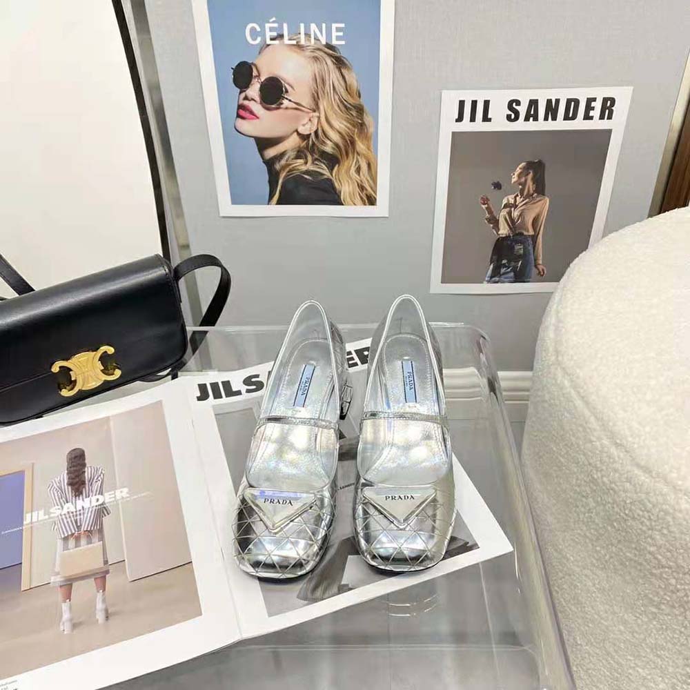 Prada Women Metallic Leather Pumps in 45mm Heel Height-Silver