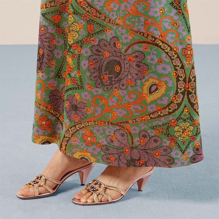 Gucci Women GG Nojum Slide Sandal Metallic Platinum Silver Braided Leather Mid-Heel