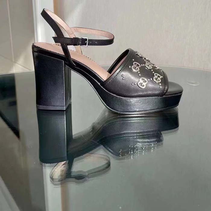 Gucci Women GG Interlocking G Studs Sandal Black Leather Mid 8 Cm Heel