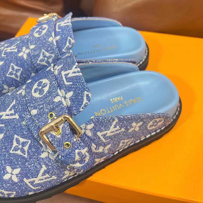 Louis Vuitton Women LV Cosy Flat Comfort Clog Blue Monogram Denim Adjustable Strap