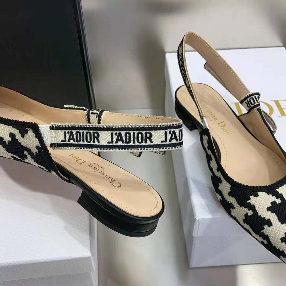 Dior Women J’Adior Slingback Ballerina Flat Black and White Cotton Embroidery