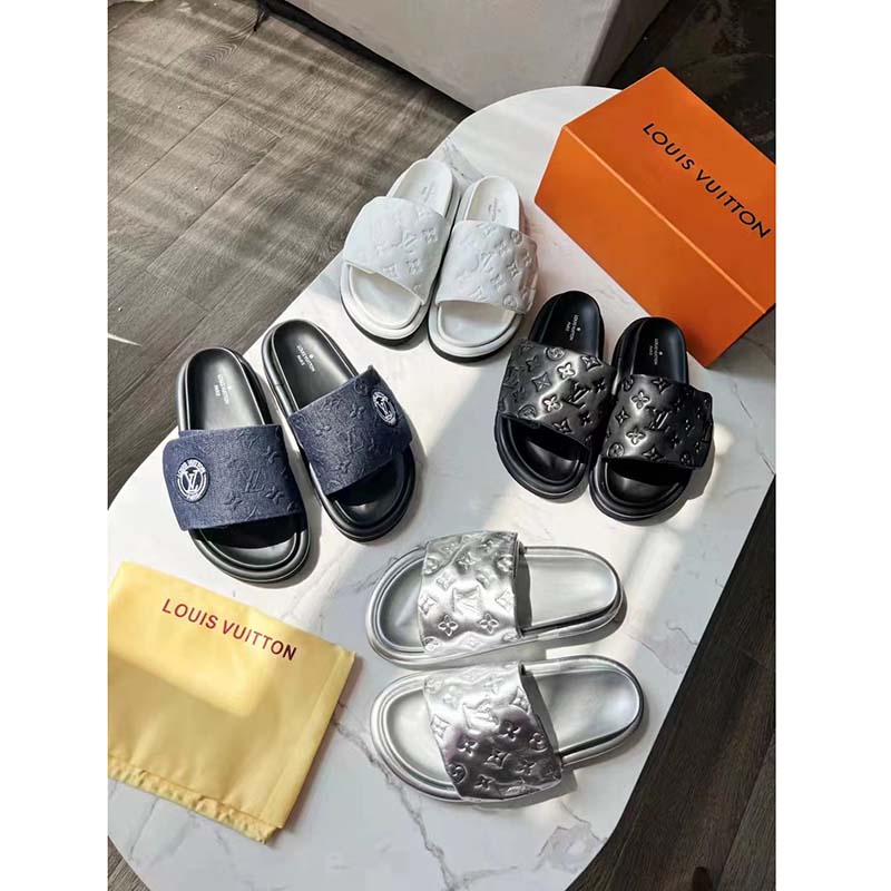 Louis Vuitton LV Unisex Pool Pillow Flat Comfort Mule White Monogram Embossed Lambskin