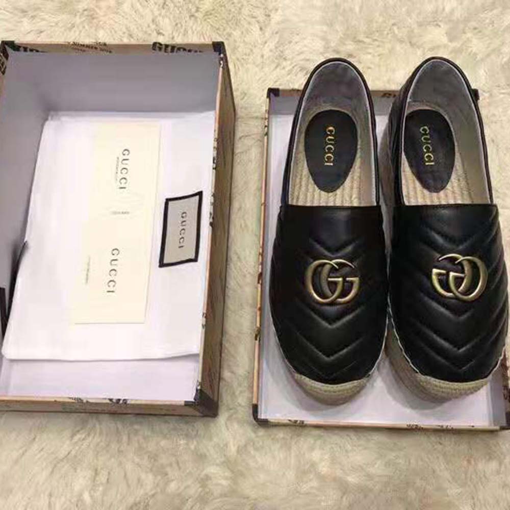 Gucci Women Chevron Leather Espadrille with Double G in 5.1 cm Height-Black