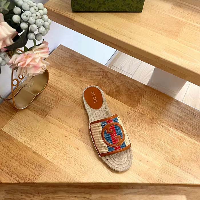 Gucci Unisex GG Interlocking G Espadrille Natural Raffia Leather Round Flat Sandal