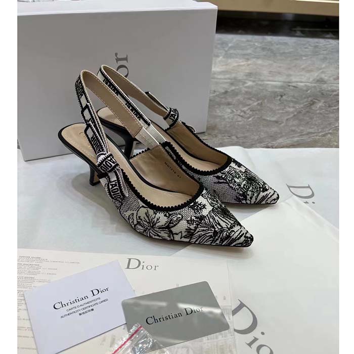 Dior CD Women J’Adior Slingback Pump White Black Embroidered Cotton Toile De Jouy Voyage