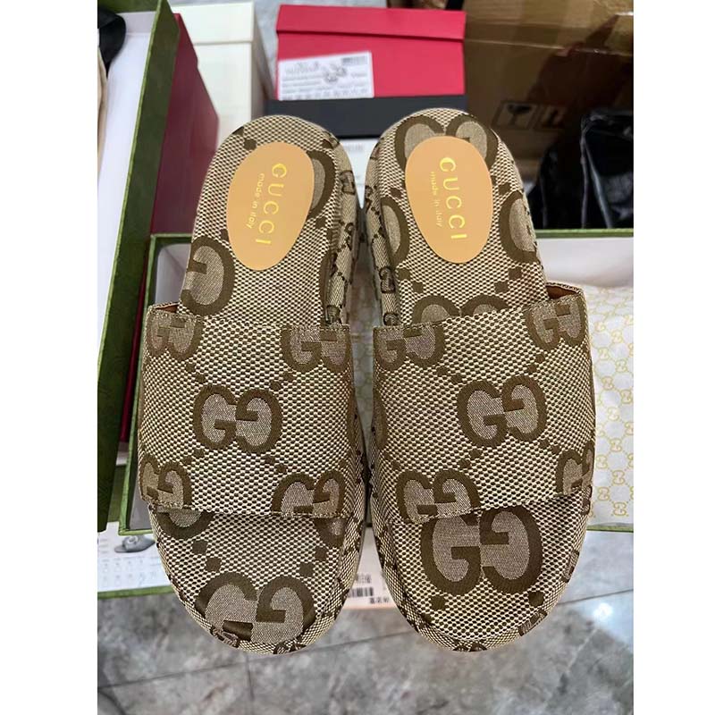 Gucci Unisex Platform Slide Sandal Camel Ebony Maxi GG Canvas 6 Cm Heel