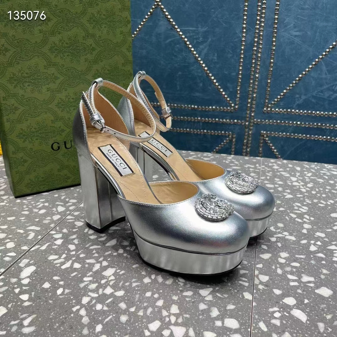 Gucci Women GG Platform Pump Double G Metallic Silver Patent Leather Crystals High Heel