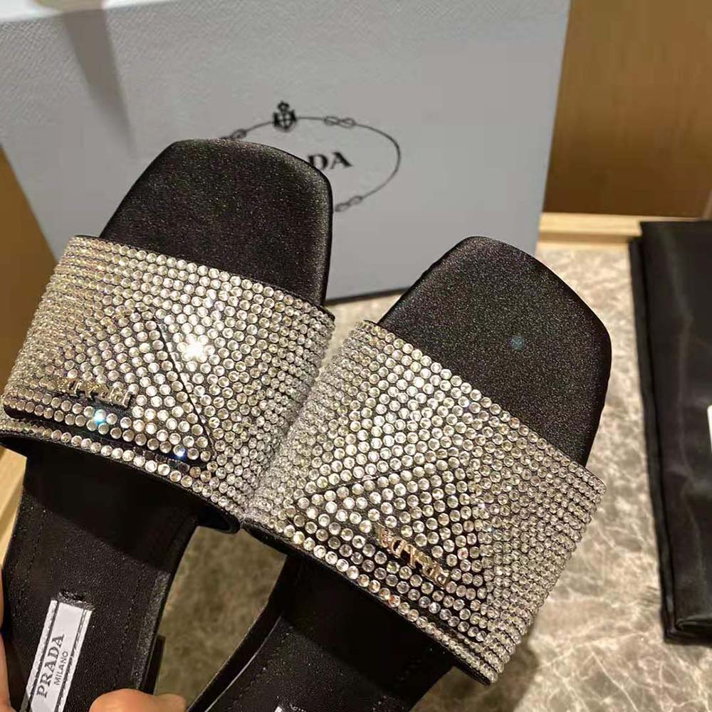 Prada Women Satin Slides with Crystals-Black