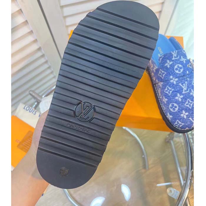 Louis Vuitton Women LV Cosy Flat Comfort Clog Blue Monogram Denim Adjustable Strap