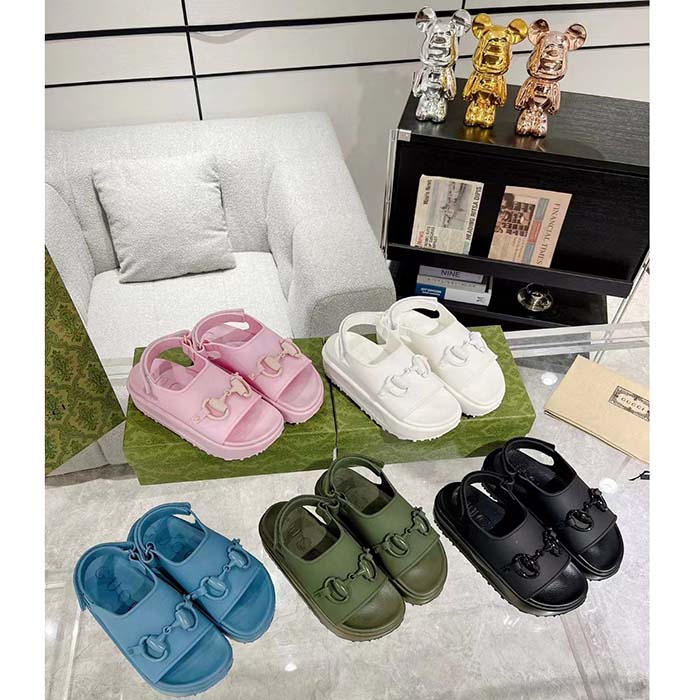 Gucci Women GG Horsebit Flatform Sandal Light Pink Rubber Plastic Horsebit