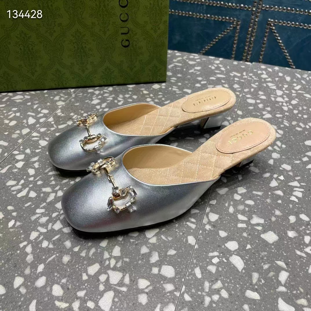 Gucci Women GG Horsebit Mule Silver Metallic Leather Crystals Leather Sole Low-Heel