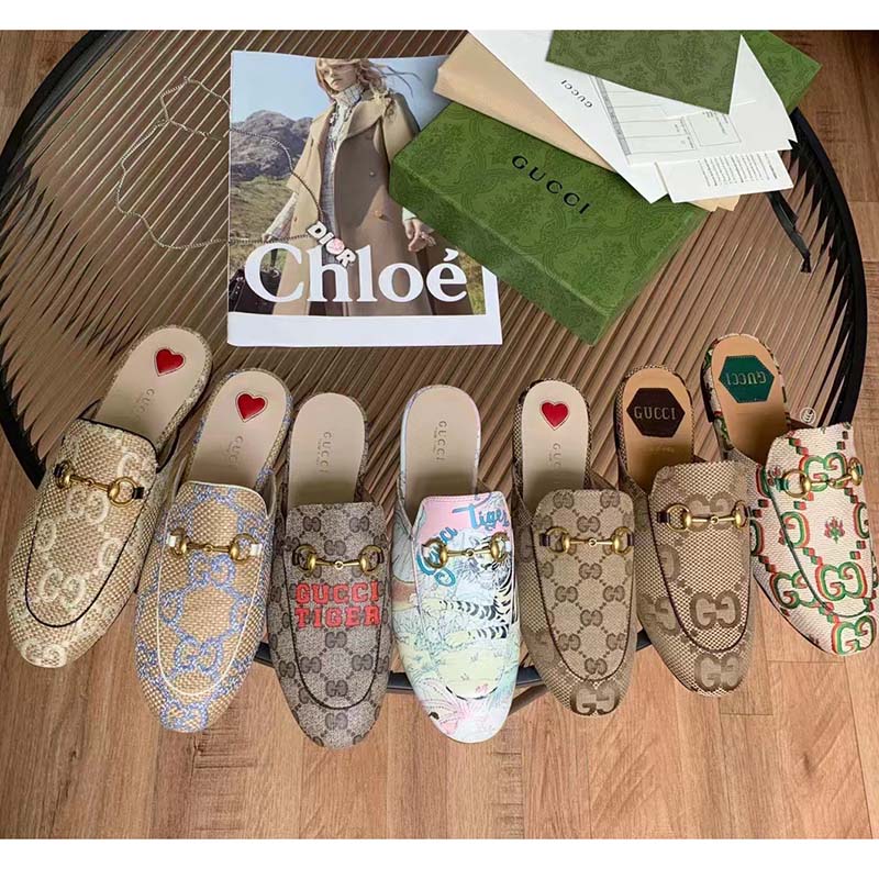 Gucci Women Maxi GG Princetown Slipper Beige White GG Raffia Effect Fabric Flat