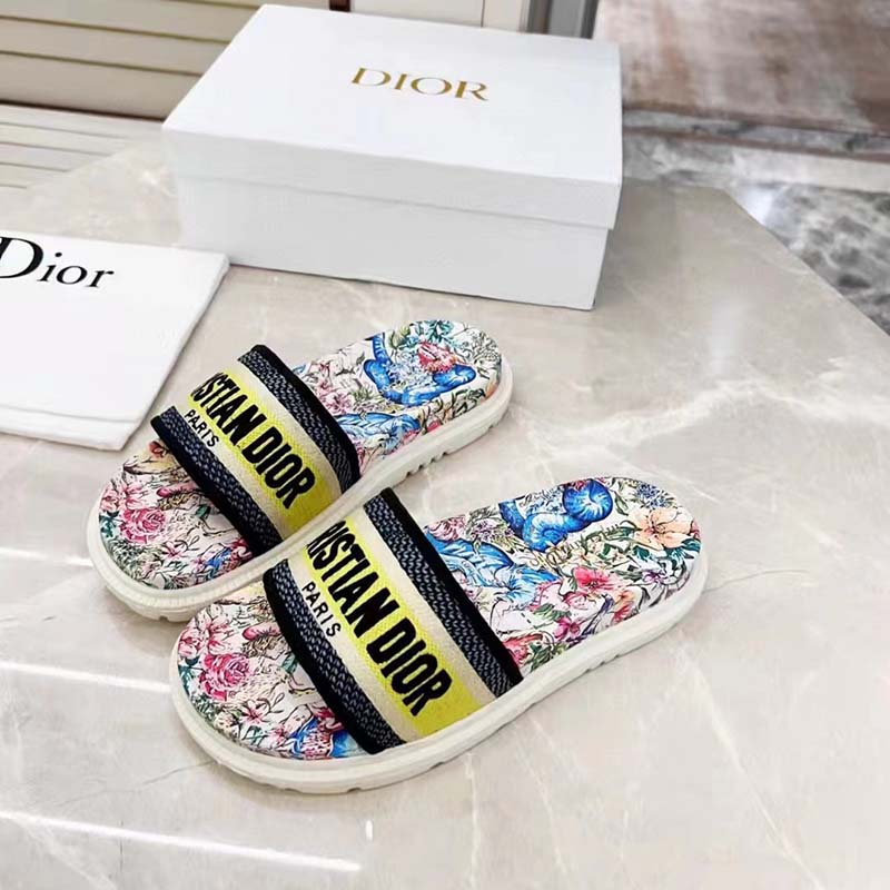 Dior Women Shoes Dway Slide White Embroidered Cotton Multicolor D-Constellation Motif