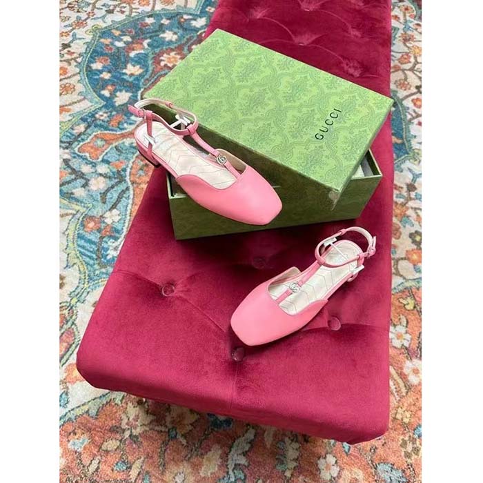 Gucci Women GG Double G Ballet Flat Pink Leather Square Toe 1.5 CM Heel