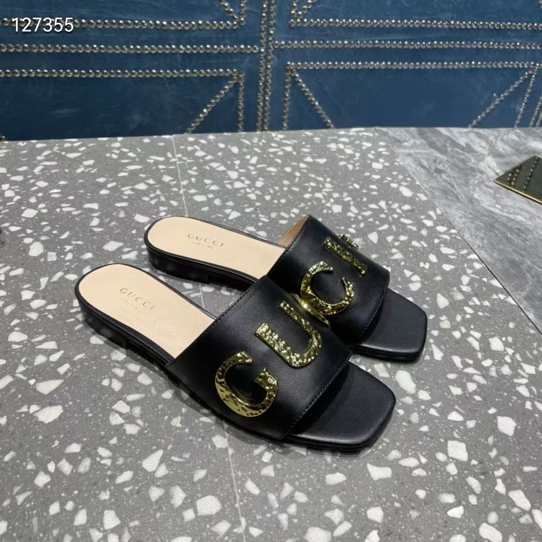 Gucci Women GG Slide Sandal Black Leather Textured Logo Star Flat 1 Cm Heel