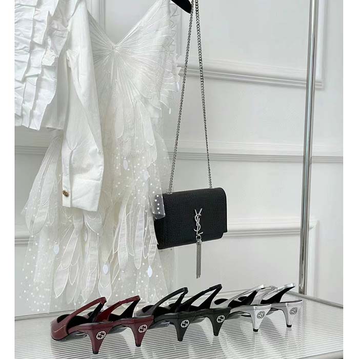 Gucci Women GG Slingback Pump Metallic Silver Leather Interlocking G Square Upper Mid-Heel