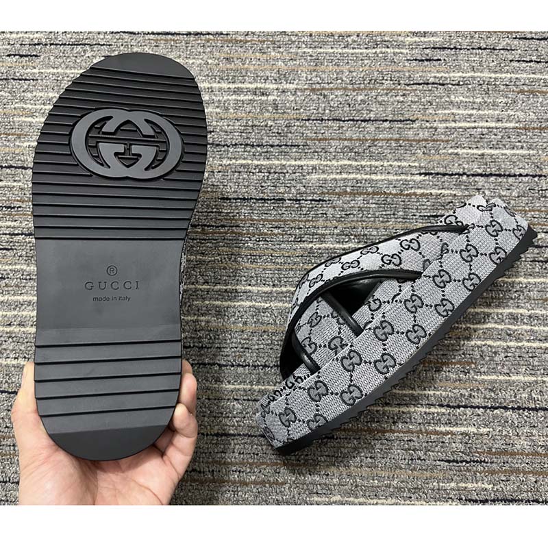 Gucci Women Platform Slide Sandal Beige Blue Original GG Canvas Rubber Sole Low Heel