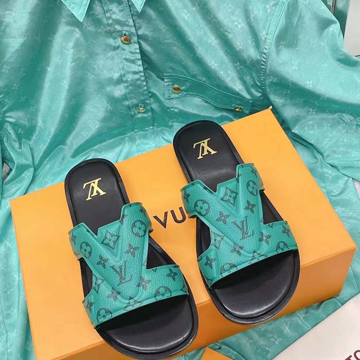 Louis Vuitton LV Unisex Oasis Mule Eclipse Green Monogram Grained Calf Leather Rubber