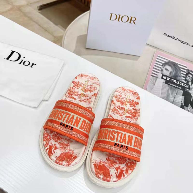 Dior Women CD Dway Slide Bright Orange Toile De Jouy Embroidered Cotton