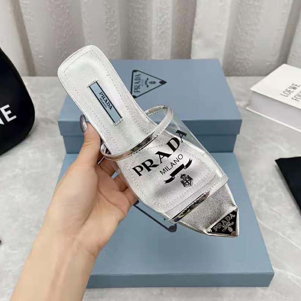 Prada Women Logo-Print Plexiglas Slides-Silver