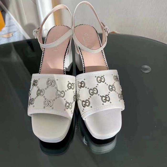 Gucci Women GG Interlocking G Studs Sandal White Leather Mid 8 Cm Heel