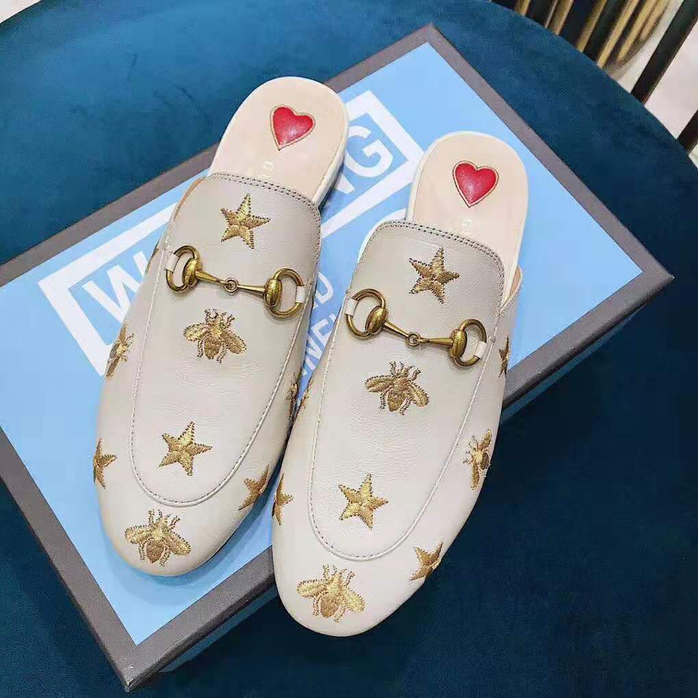 Gucci Women Princetown Embroidered Leather Slipper 1.27cm Heel-White