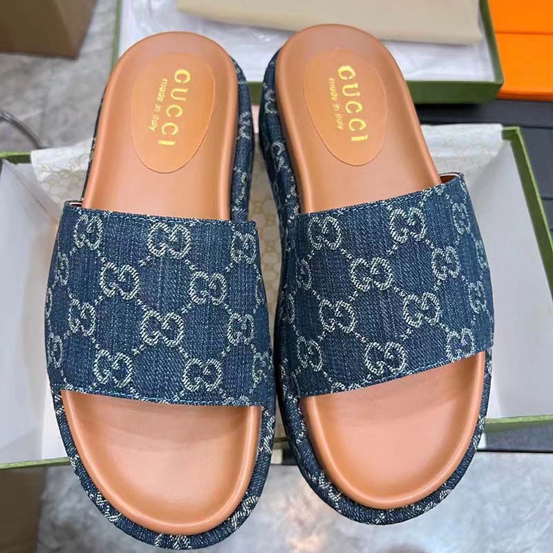 Gucci Unisex Platform Slide Sandal Dark Blue Ivory Eco Washed Organic GG Jacquard Denim