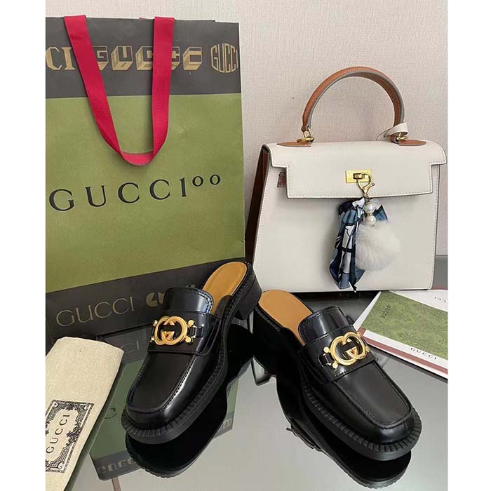 Gucci Unisex GG Slipper Interlocking G Black Leather Low 2.5 Cm Heel