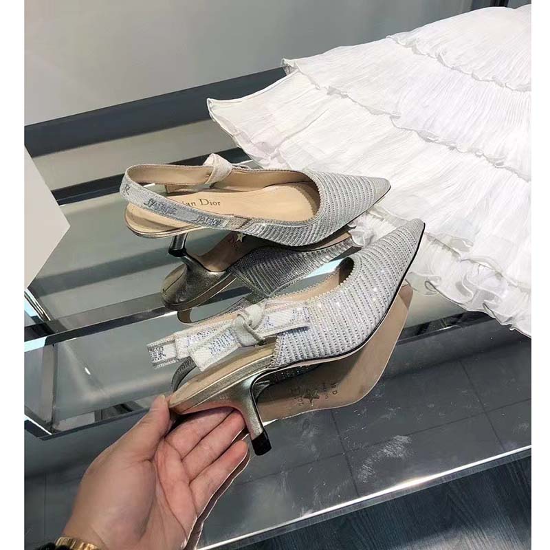 Dior Women CD J’Adior Slingback Pump White Cotton Embroidered Silver-Tone Strass
