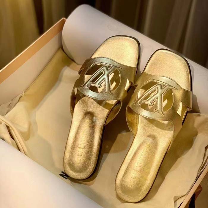 Louis Vuitton LV Unisex Isola Flat Mule Gold Metallic Lamb Leather Circle Signature