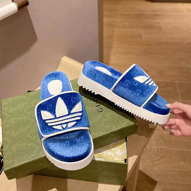 Gucci Unisex Adidas x Gucci GG Platform Sandal Blue GG Cotton Sponge