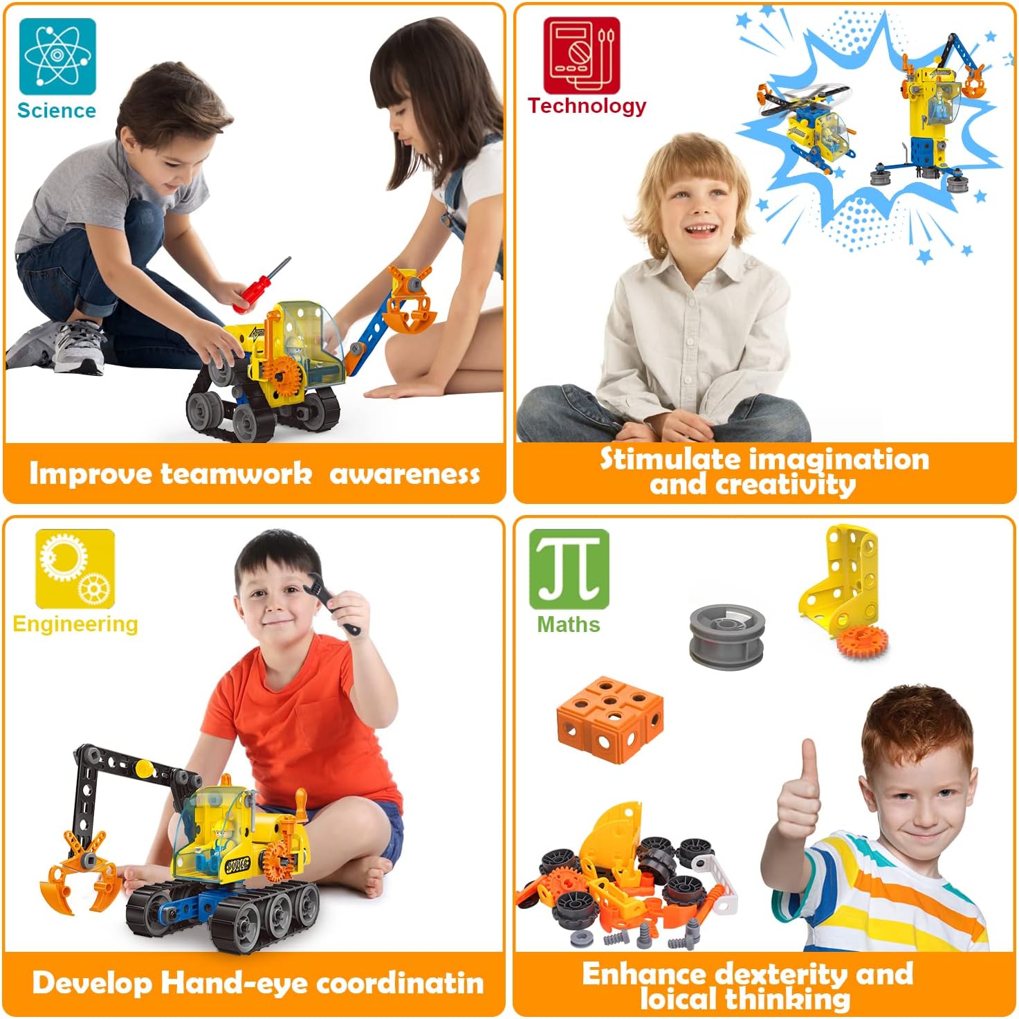 192 PCS STEM Building Toys for 5 6 7 8 9 + Year Old Boy Girl Gift Stem Project Activities Kit for Kids 5-7 6-8 Educational Autism Robotic Toy Learning Game Excavator Engineering Construction Set