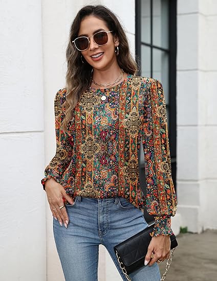 Women's long-sleeved puff sleeve blouse, casual and versatile round neck with pleated design, suitable for summer, autumn and work occasions, sizes S-3XL.