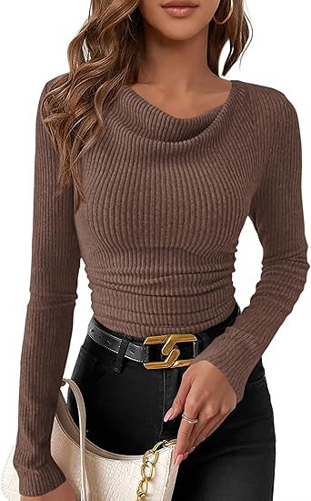 Women's long-sleeved turtleneck ribbed knit autumn shirt, slim fit, pleated, cropped top, basic T-shirt.
