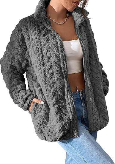 2025 Women's Winter Fleece Jacket, Zippered Stand Collar Casual Jacket with Pockets