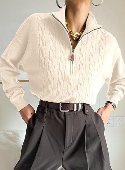 Women's Autumn/Winter Sweater, Quarter Zipper Casual Ribbed Cable Knit Pullover
